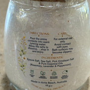 Rear label of Recover 95g Magnesium Bath Soak showing ingredients, directions and care information
