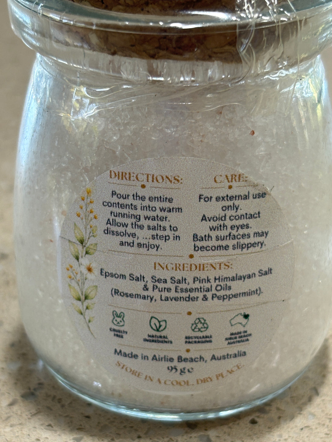 Rear label of Recover 95g Magnesium Bath Soak showing ingredients, directions and care information