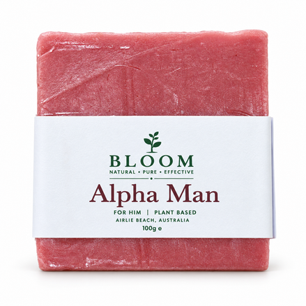 Bloom Alpha Man 100g soap with current Airlie Beach label on a white background