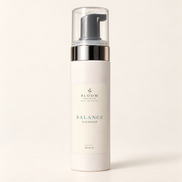 Bloom Organics Balance Cleanser, 200 mL pump bottle on a warm ivory background.