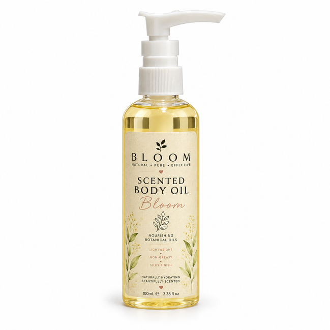 Bloom Botanical Body Oil 100 mL in a clear bottle with white pump on a white background
