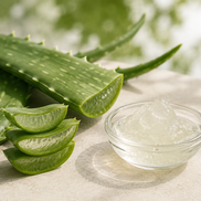 Illustration of aloe vera leaves and gel on an ivory surface.