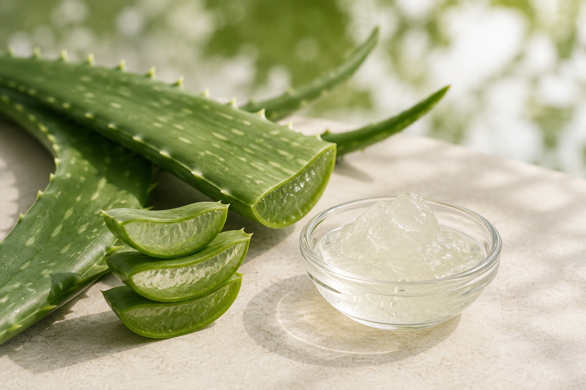 Illustration of aloe vera leaves and gel on an ivory surface.