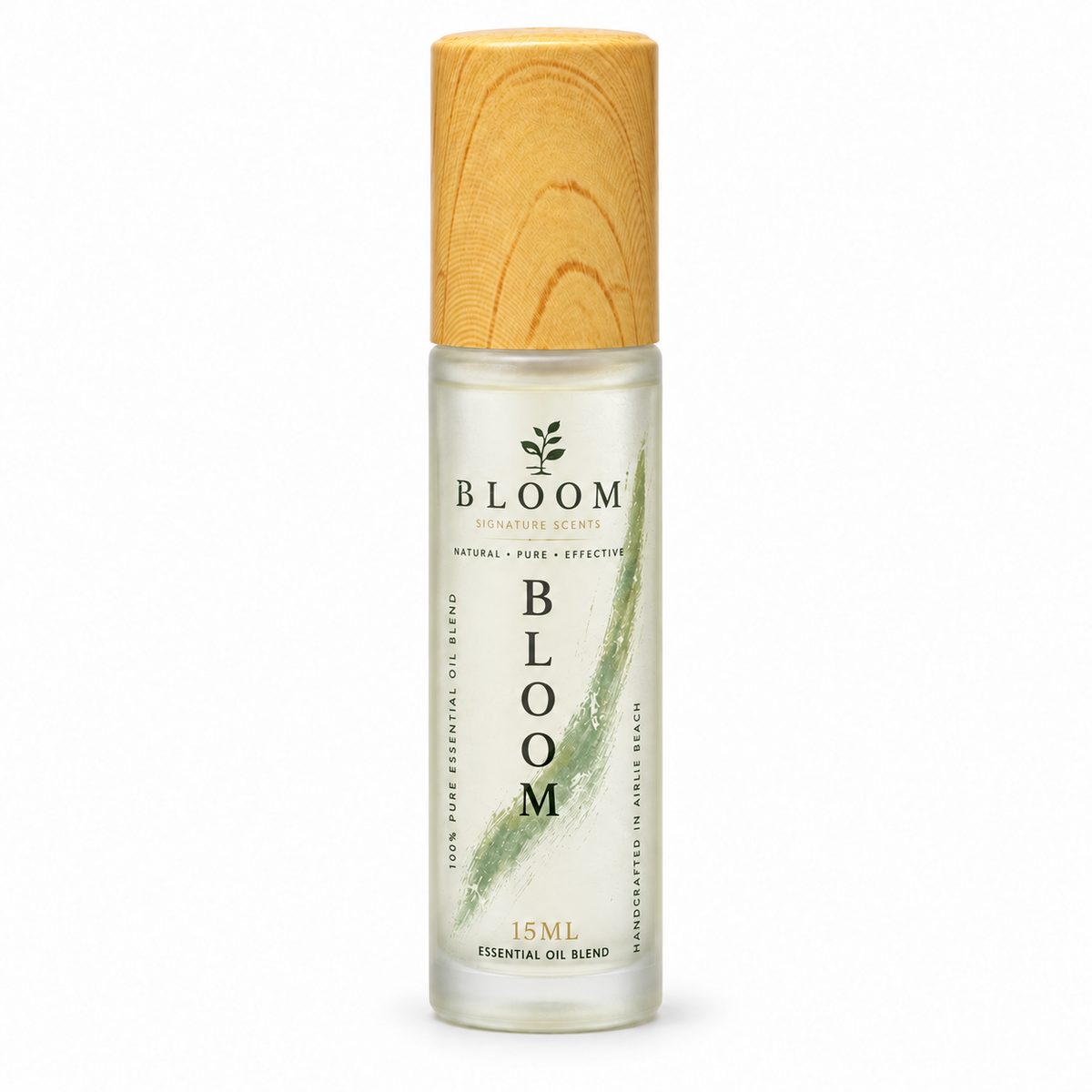 Bloom perfume oil 15 mL roll-on with wooden cap and green label on a white background