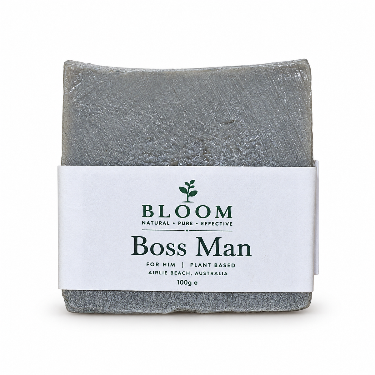 Boss Man soap bar in Bloom Organics packaging on a white background