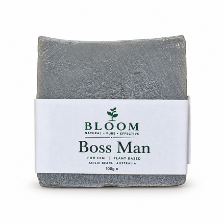 Boss Man soap bar in Bloom Organics packaging on a white background