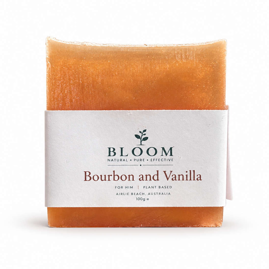 Bourbon + Vanilla soap bar in Bloom Organics packaging on a white background