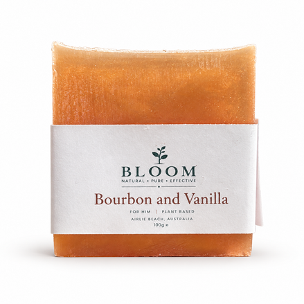 Bourbon + Vanilla soap bar in Bloom Organics packaging on a white background