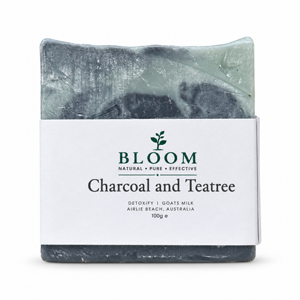 Bloom Charcoal and Tea Tree 100g goats milk soap with current Airlie Beach label on a white background