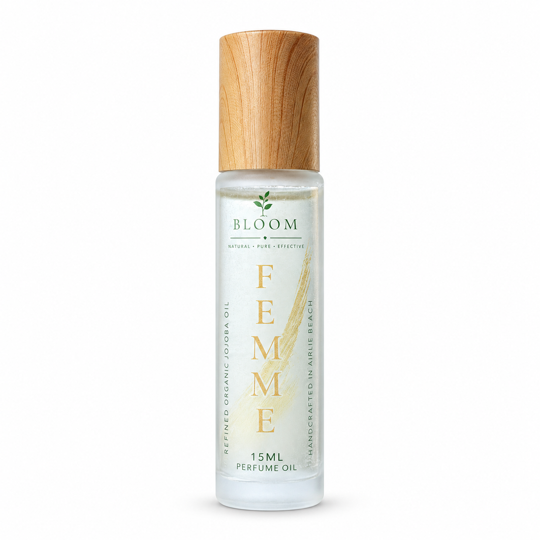 Femme perfume oil 15 mL roll-on with wooden cap on a white background