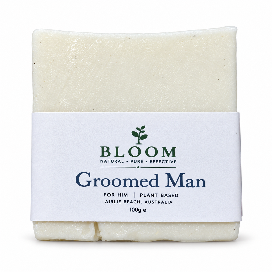 Bloom Groomed Man 100g soap with current Airlie Beach label on a white background