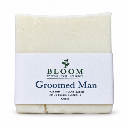 Bloom Groomed Man 100g soap with current Airlie Beach label on a white background