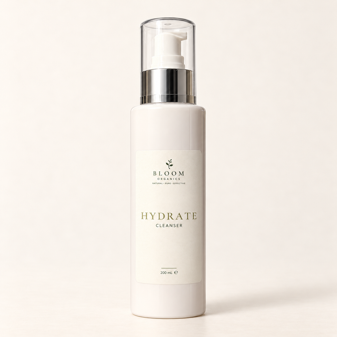 Bloom Organics Hydrate Cleanser, 200 mL pump bottle on a warm ivory-white background.