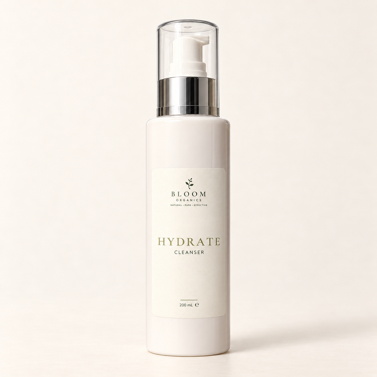 Bloom Organics Hydrate Cleanser, 200 mL pump bottle on a warm ivory-white background.
