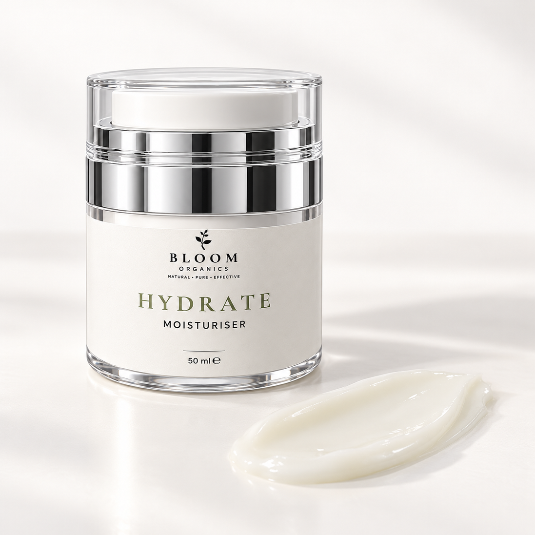 Bloom Hydrate Moisturiser beside an illustrative pale ivory cream swatch, based on the actual product colour.