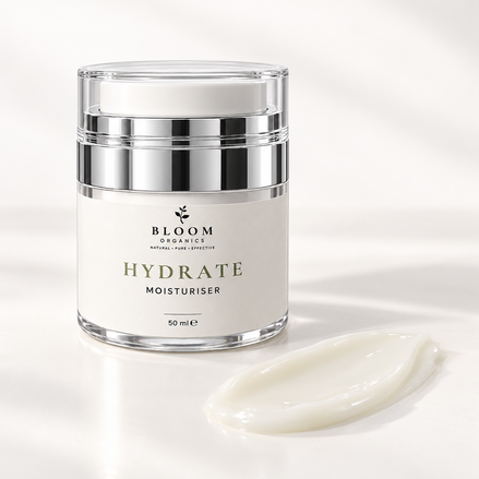 Bloom Hydrate Moisturiser beside an illustrative pale ivory cream swatch, based on the actual product colour.