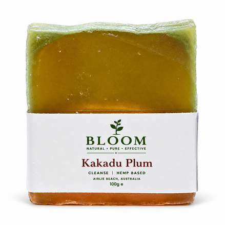 Bloom Kakadu Plum 100g hemp soap with current Airlie Beach label on a white background