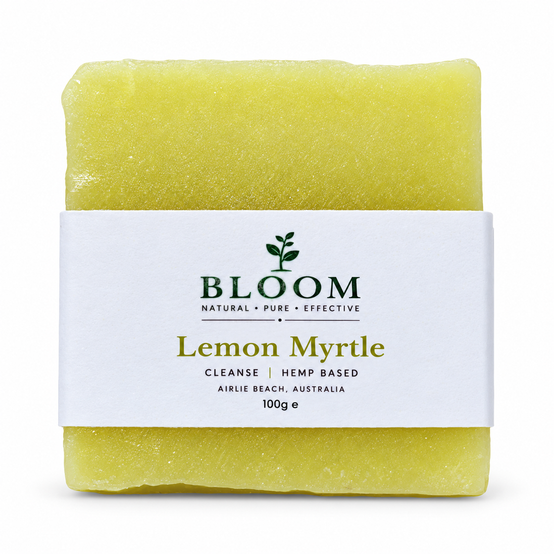 Bloom Lemon Myrtle 100g hemp soap with current Airlie Beach label on a white background