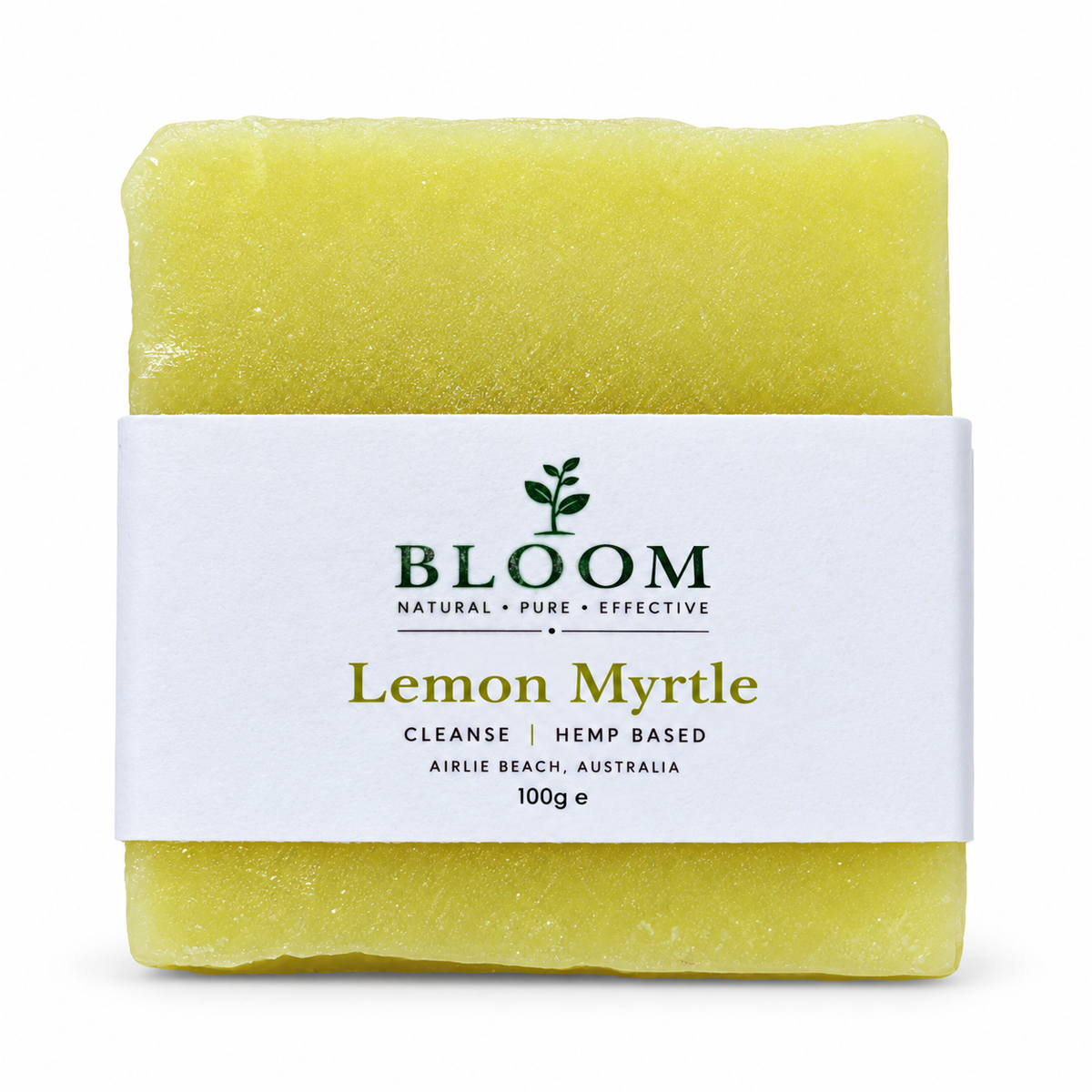 Bloom Lemon Myrtle 100g hemp soap with current Airlie Beach label on a white background