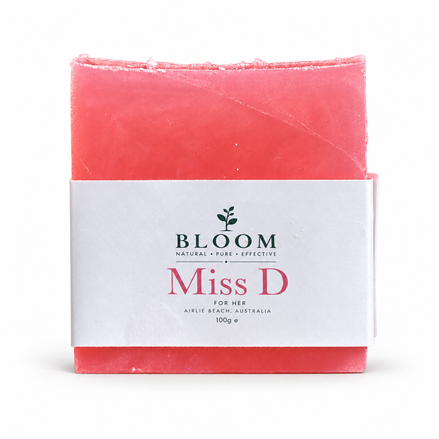 Miss D soap bar in Bloom Organics packaging on a white background
