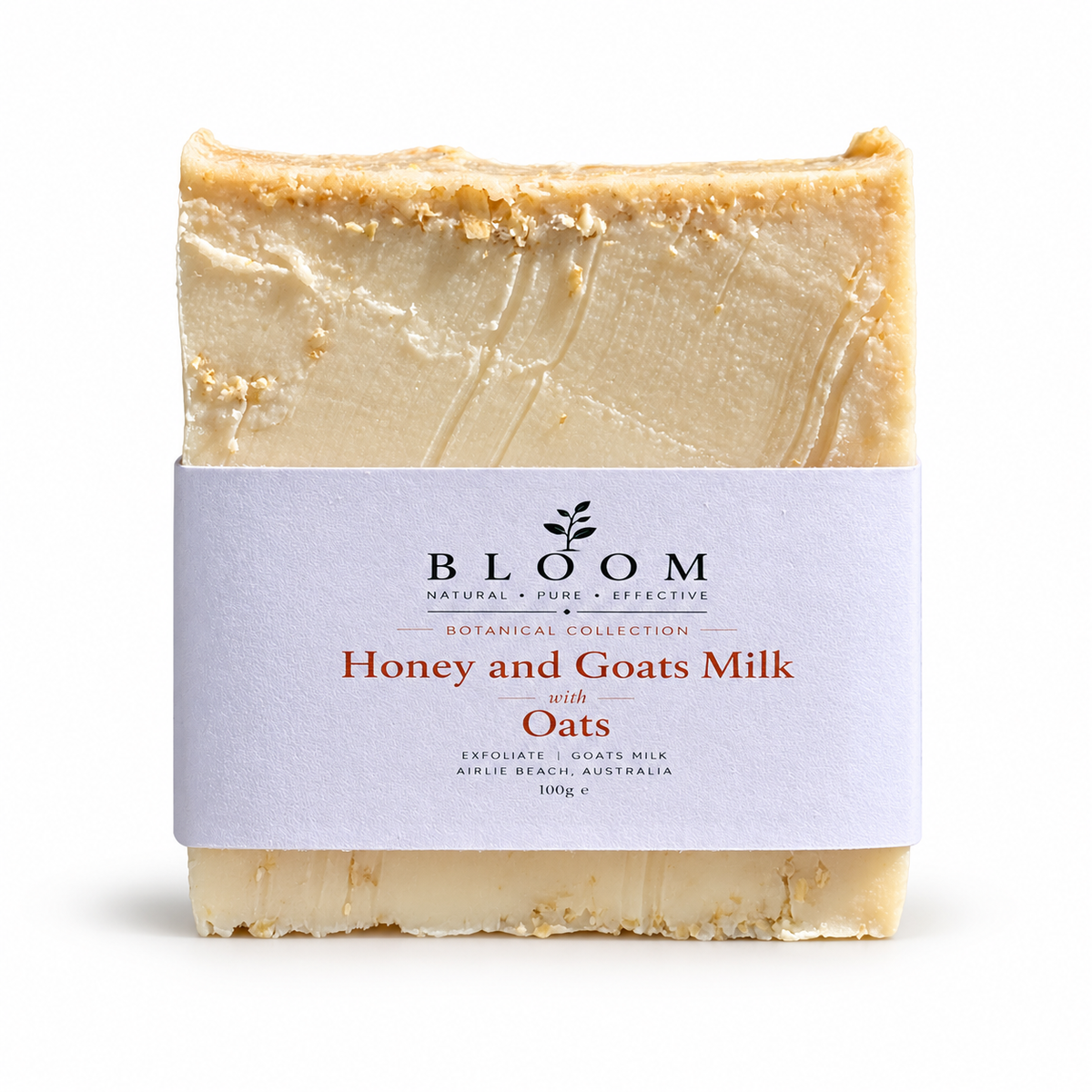 Oats + Honey soap bar in Bloom Organics packaging on a white background