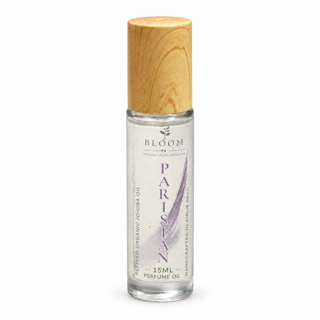 Parisian perfume oil 15 mL roll-on with wooden cap on a white background