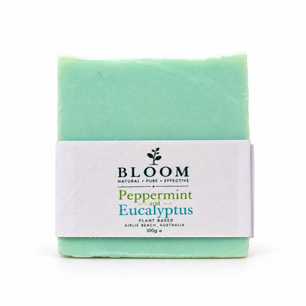 Bloom Peppermint and Eucalyptus plant-based soap, 100 g, with its mint green bar and Airlie Beach label on a white background.