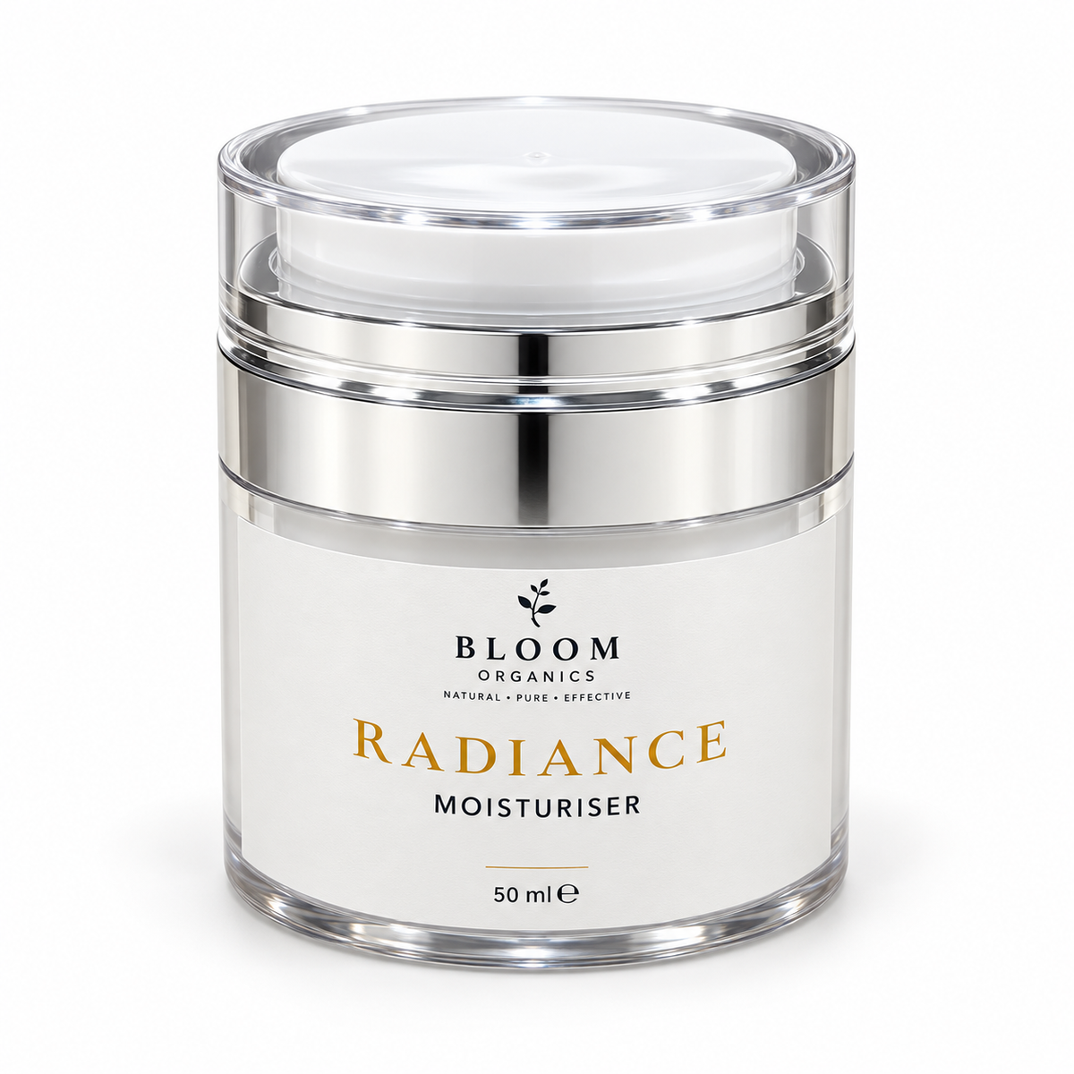 Radiance Moisturiser — 50 mL in Bloom Organics packaging on a white background