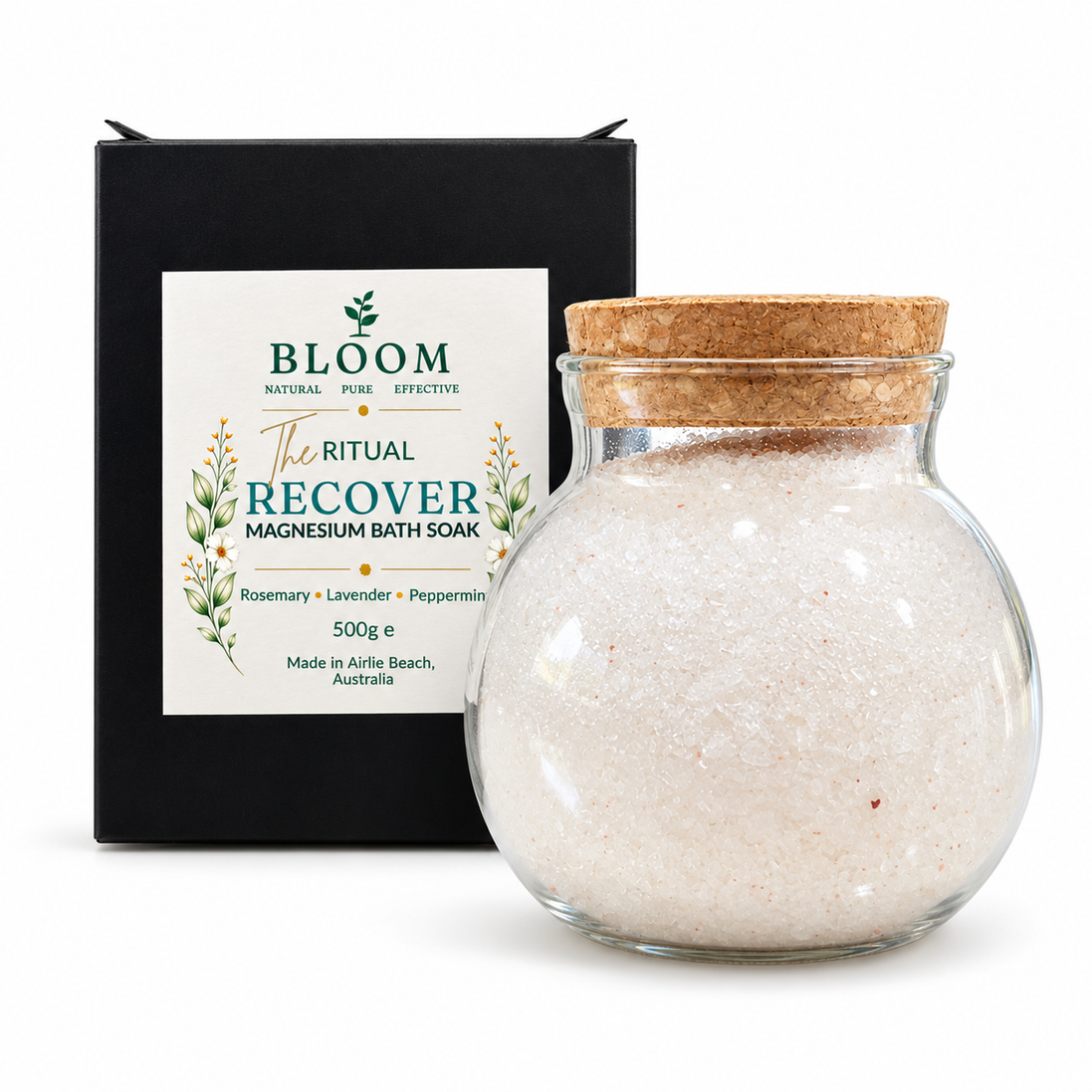 Bloom Recover Magnesium Bath Soak 500g glass jar with cork lid and labelled packaging on a white background