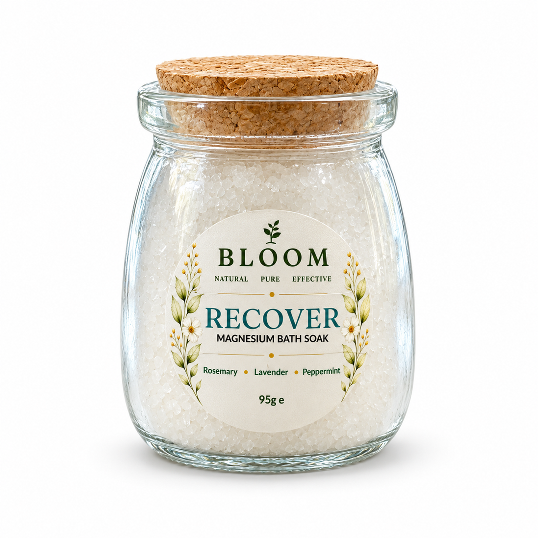 Bloom Recover Magnesium Bath Soak 95g in a reusable glass jar with cork lid on a white background