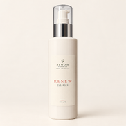 Bloom Organics Renew Cleanser, 200 mL pump bottle on a warm ivory background.