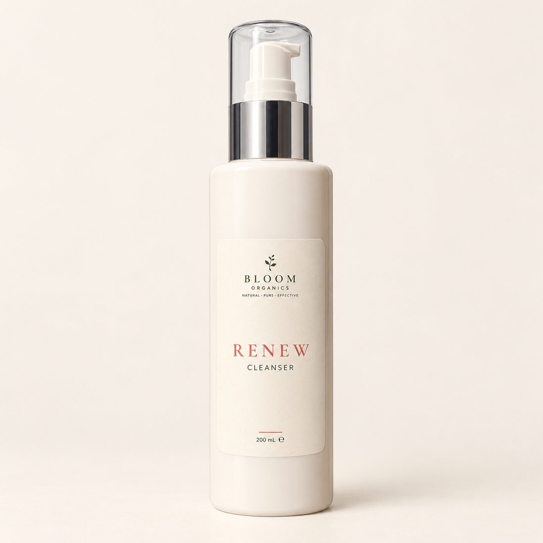 Bloom Organics Renew Cleanser, 200 mL pump bottle on a warm ivory background.