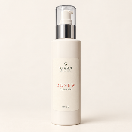 Bloom Organics Renew Cleanser, 200 mL pump bottle on a warm ivory background.