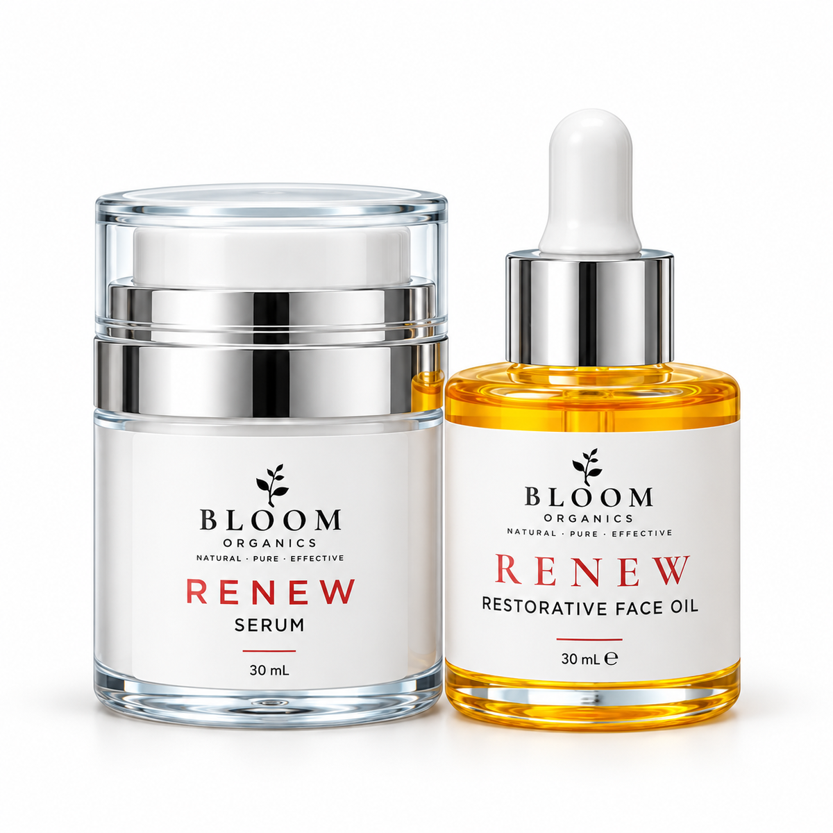 Bloom Renew Duo with 30ml Serum and 30ml Restorative Face Oil on a white background