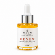 Bloom Renew Restorative Face Oil 30ml in a clear golden-oil bottle with white and silver dropper on a white background