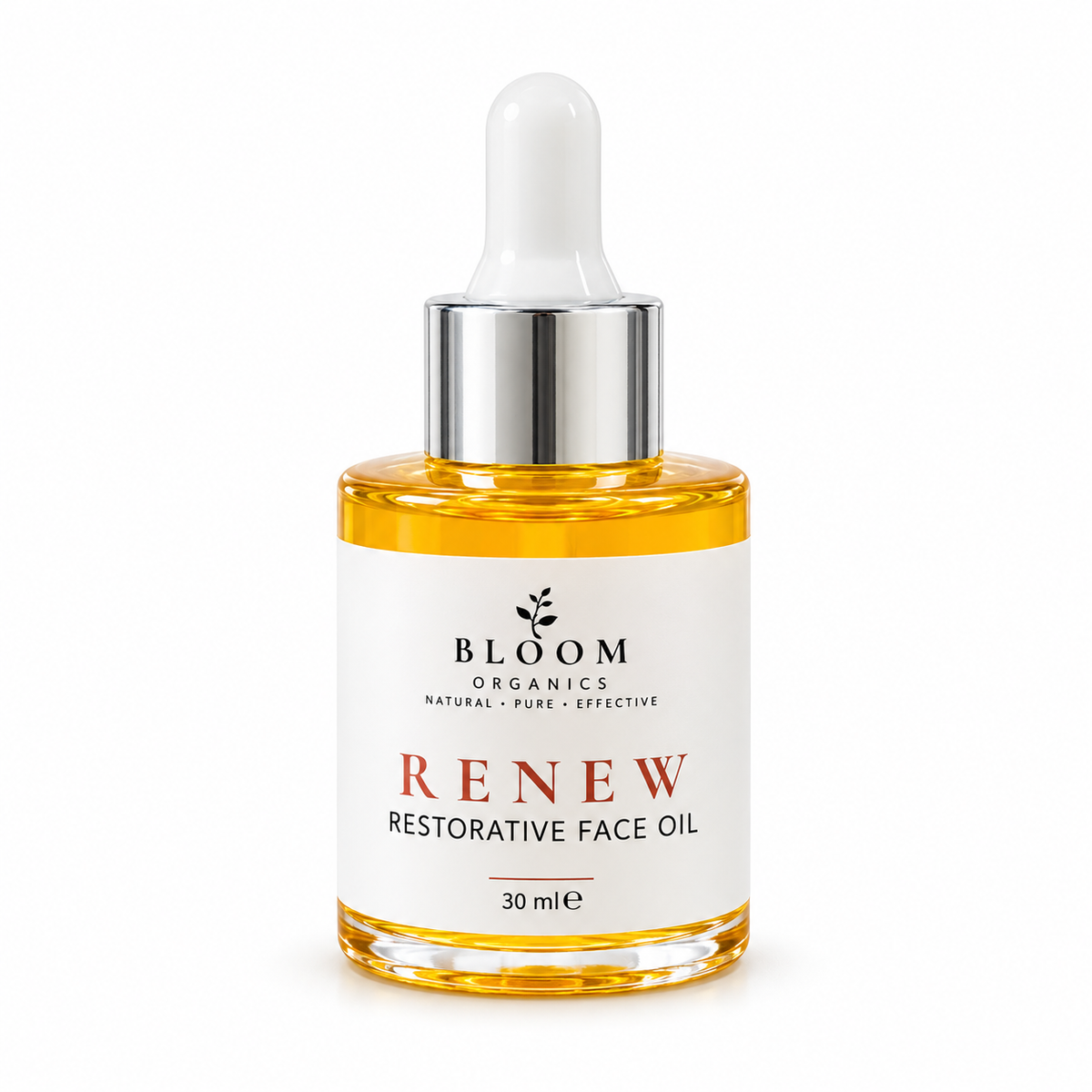 Bloom Renew Restorative Face Oil 30ml in a clear golden-oil bottle with white and silver dropper on a white background