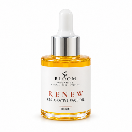 Bloom Renew Restorative Face Oil 30ml in a clear golden-oil bottle with white and silver dropper on a white background