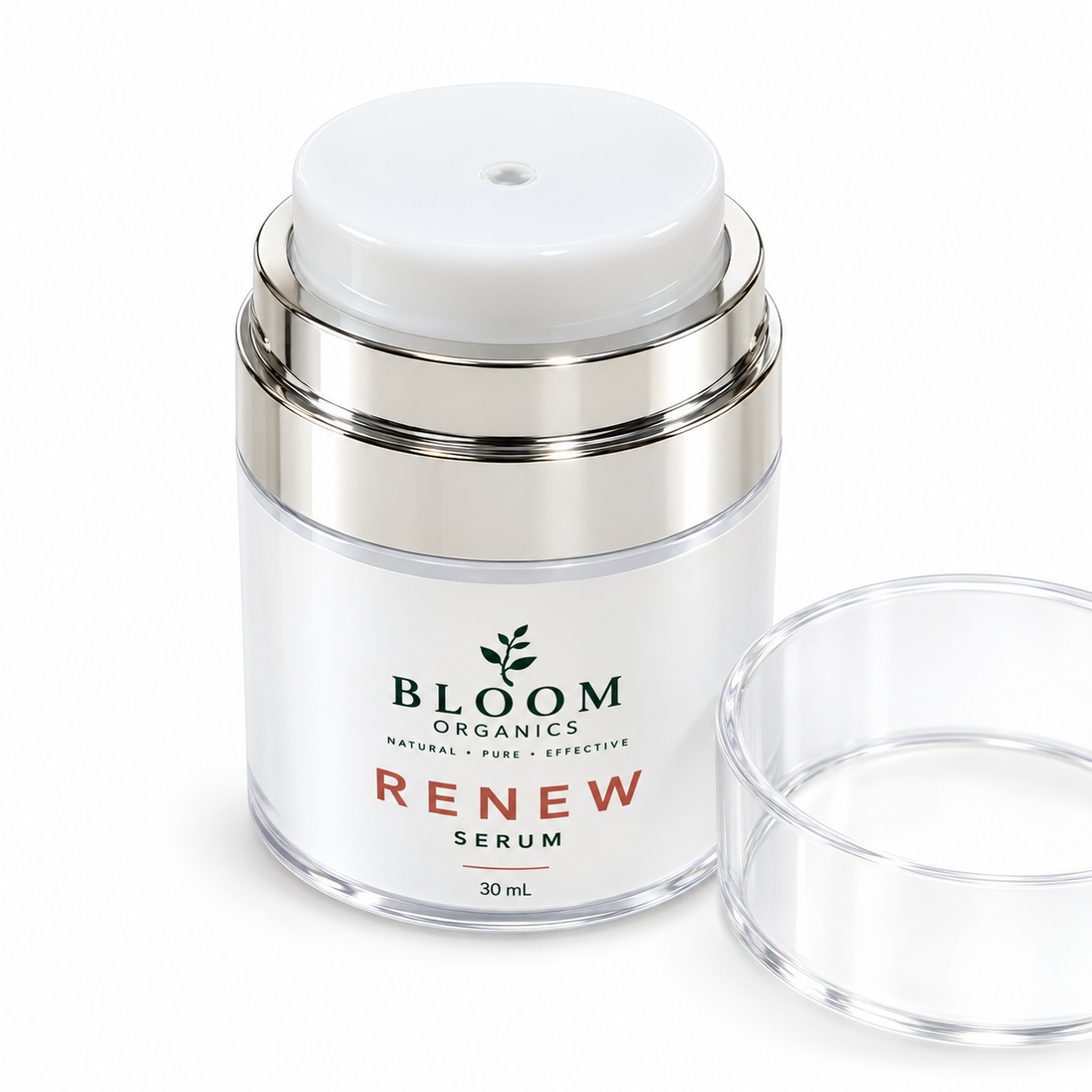 Close-up of the Renew Serum airless dispenser with its clear lid beside it