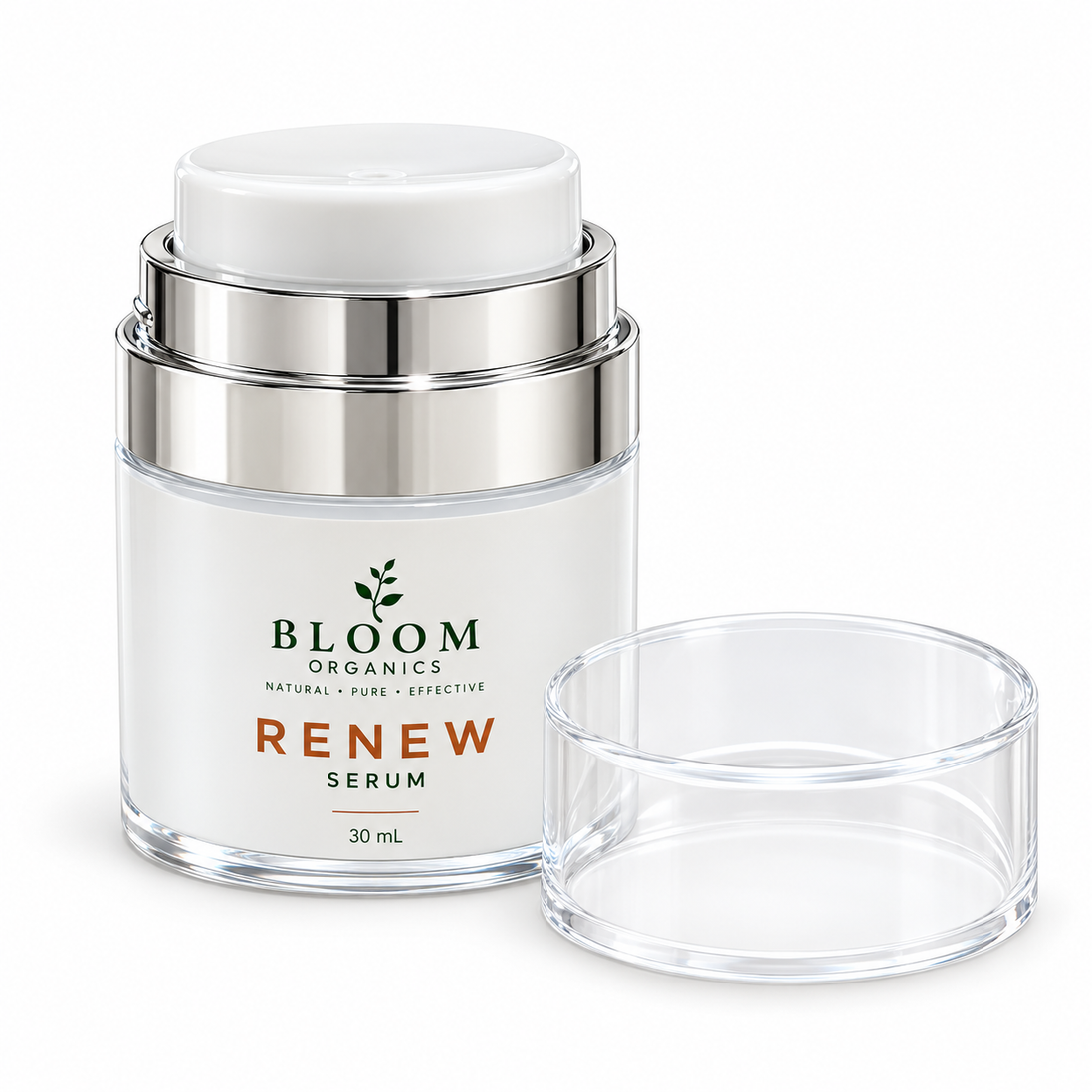 Bloom Renew Serum 30ml with clear lid removed to show its airless dispenser