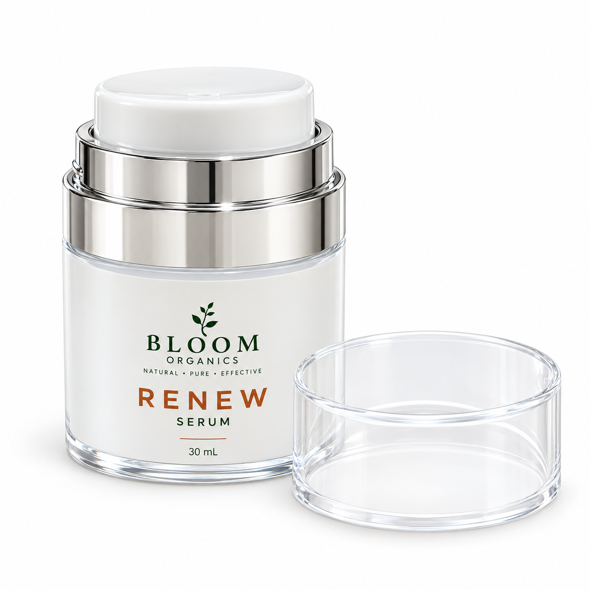 Bloom Renew Serum 30ml with clear lid removed to show its airless dispenser