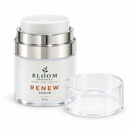 Bloom Renew Serum 30ml with clear lid removed to show its airless dispenser