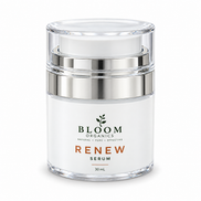 Bloom Renew Serum 30ml in its silver and clear airless dispenser on a white background