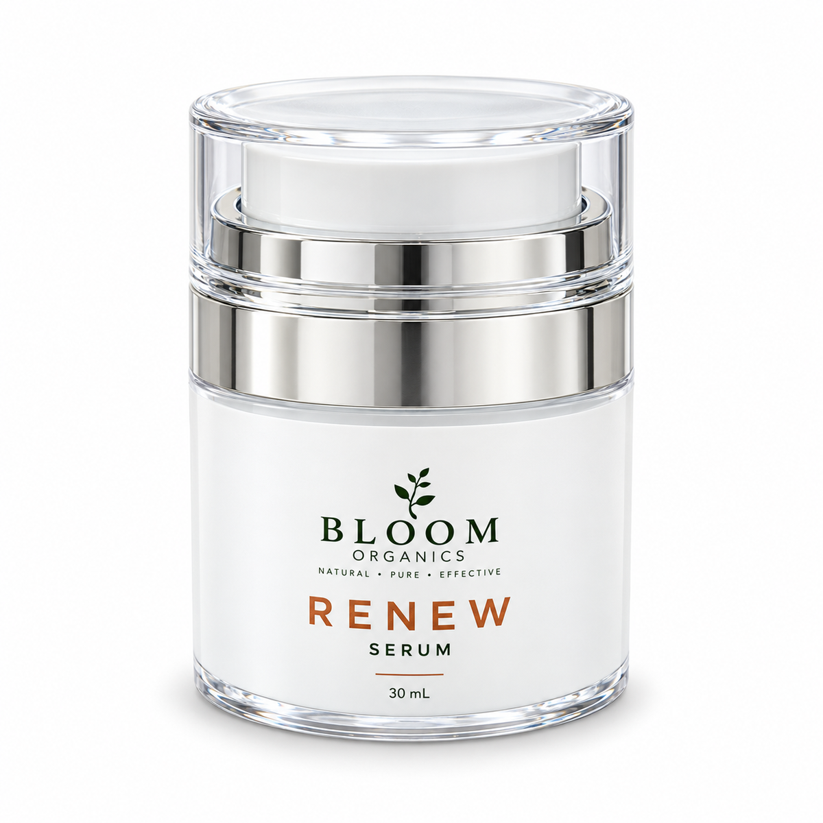 Bloom Renew Serum 30ml in its silver and clear airless dispenser on a white background