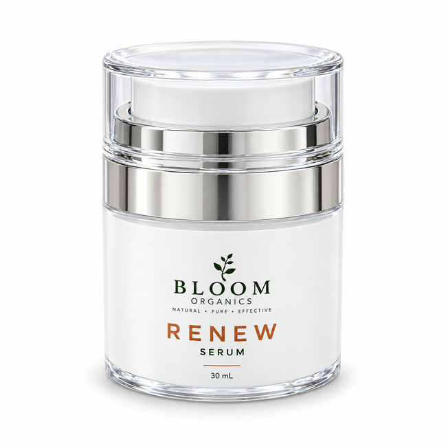Bloom Renew Serum 30ml in its silver and clear airless dispenser on a white background