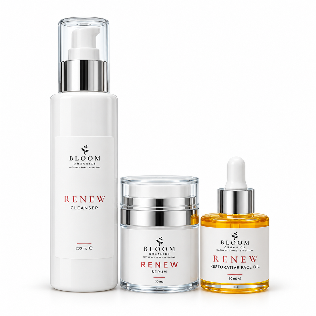 Bloom Renew Trio with 200ml Cleanser, 30ml Serum and 30ml Restorative Face Oil on a white background