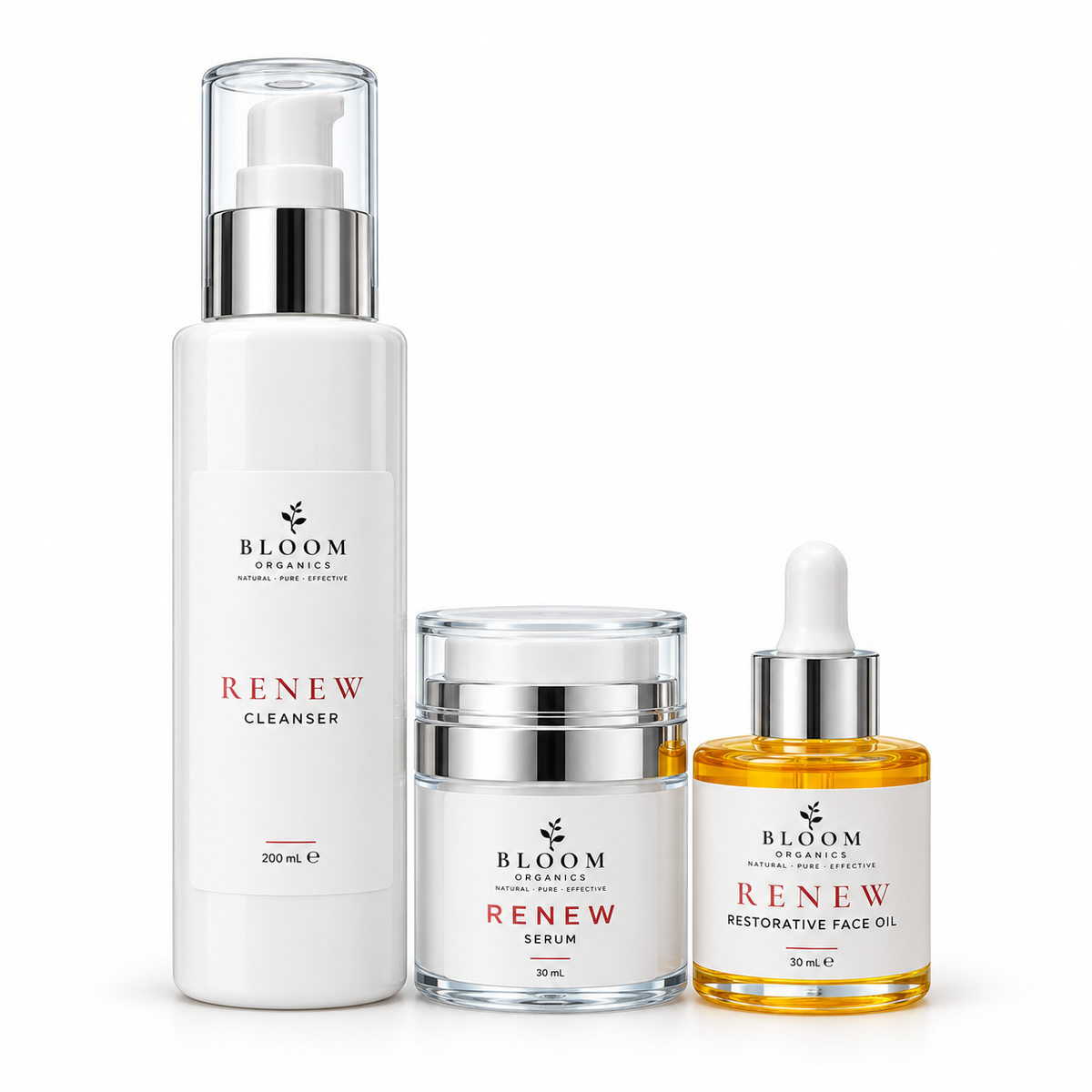 Bloom Renew Trio with 200ml Cleanser, 30ml Serum and 30ml Restorative Face Oil on a white background