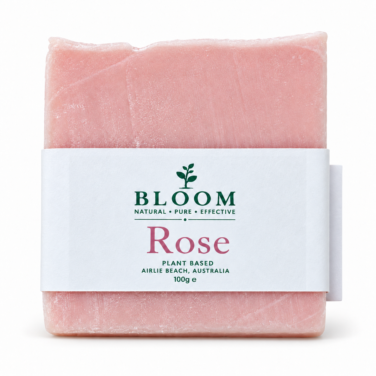 Bloom Rose 100g soap with current Airlie Beach label on a white background