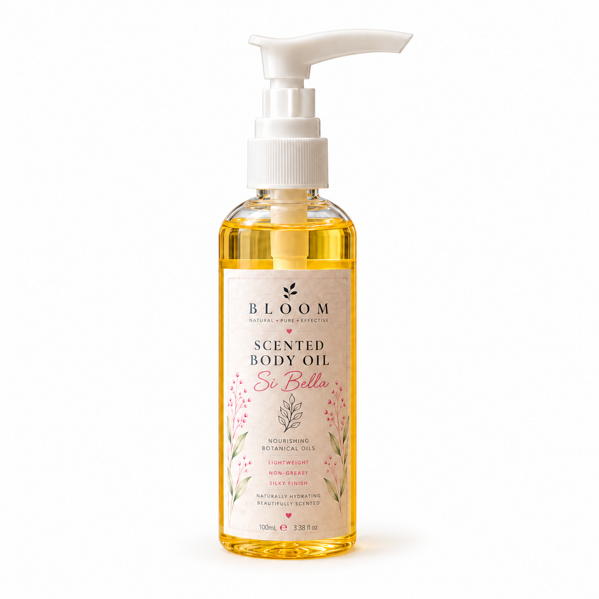 Si Bella scented body oil 100 mL in a clear bottle with white pump and golden oil on a white background