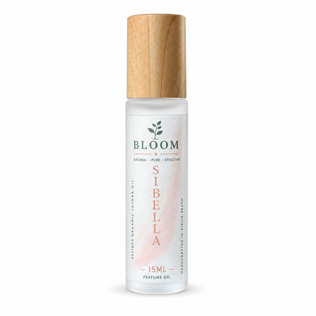 Si Bella perfume oil 15 mL roll-on with wooden cap on a white background