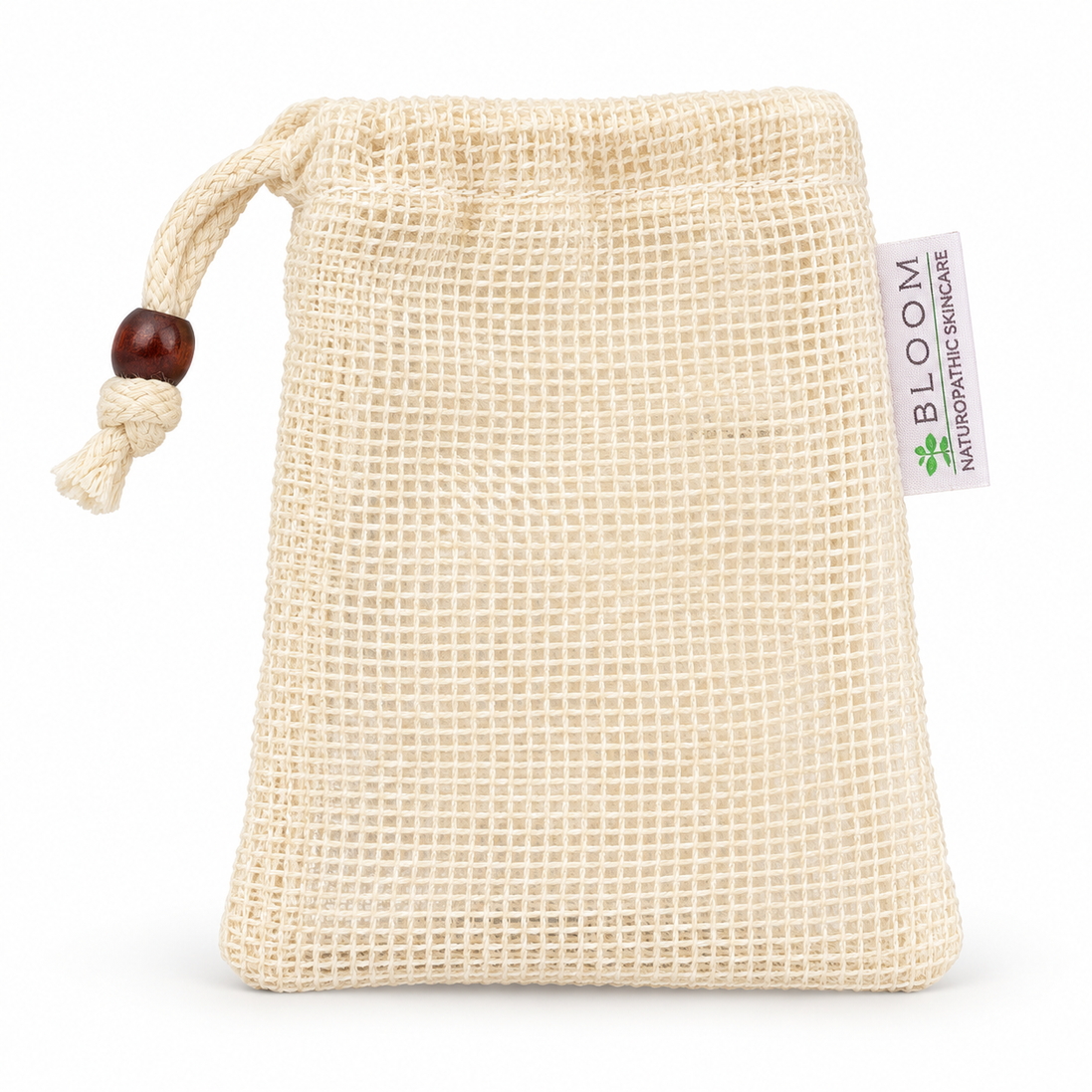 Single Bloom soap saver pouch in cream mesh with drawstring on a white background